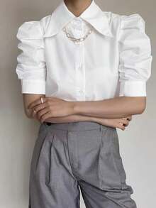 Vibrant Solid Color Puff Sleeve Blouse - Elegant Button Front Design, Breathable Fabric, Relaxed Fit, Spring & Summer Essential, Women's Clothing For Everyday Wear - White - View 3