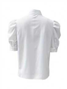 Blusa de manga abullonada de unicolor vibrante - Diseño elegante con botones delanteros, tela transpirable, ajuste relajado, esencial para primavera y verano, ropa de mujer para uso diario