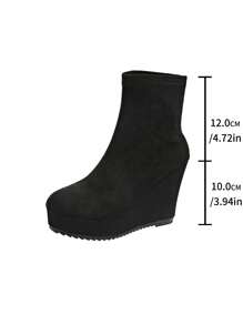 Women's 2024 Fall/Winter New Increased High Heel Thick Platform Casual Short Boots With Woven Straw Rope Soles, Fashionable, Versatile, European And American Style, Comfortable And Retro Elastic Short Boots - Black - View 8