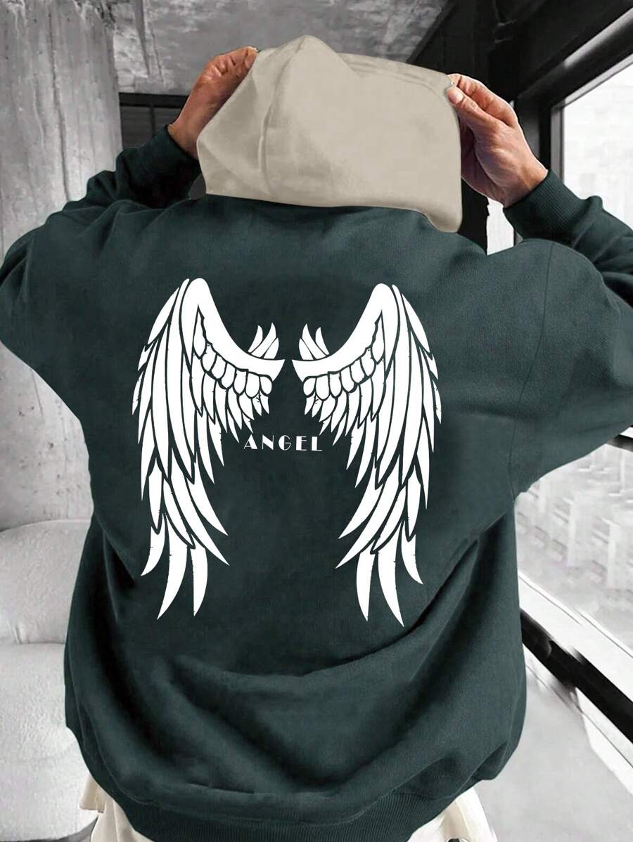 Boyfriend Style Men's New Autumn/Winter Colorblock Hooded Sweatshirt, Casual Daily Drawstring Hoodies With Angel Wings Print, Front Kangaroo Pocket, Boyfriend Style Men's Top