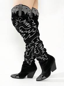 Women's Velvet Rhinestone Thigh High Slouchy Western Boots - Pointy Toe Mid Heel For Special Events - màu đen - Xem 5