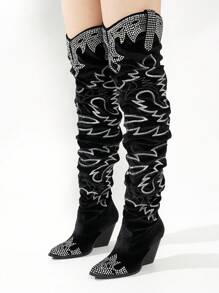 Women's Velvet Rhinestone Thigh High Slouchy Western Boots - Pointy Toe Mid Heel For Special Events - màu đen - Xem 3