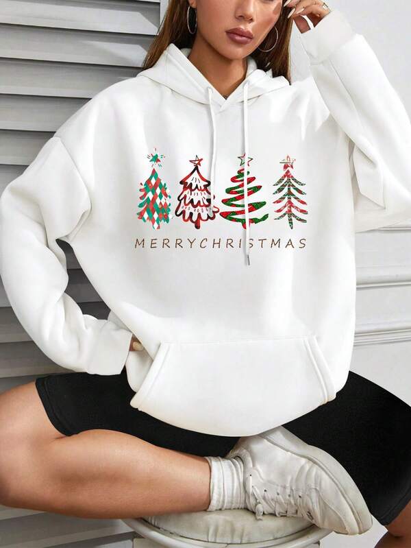 1pc Women's Solid Color Sports Drop Shoulder Loose Drawstring Hoodie Christmas Style Letter Printed Sweatshirt Home Clothes Warm Pajamas, Suitable For Home, Going Out, Christmas Holiday Activities, Casual Sports Style Wear