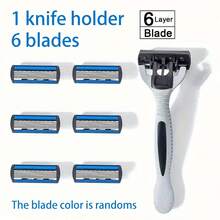 1pc Hilt+6psc Blade 6-Layer Manual Razor Blade Men's Razor Blade Old-Fashioned Shaving Razor Blade Replacement Blade Set - Black - View 2