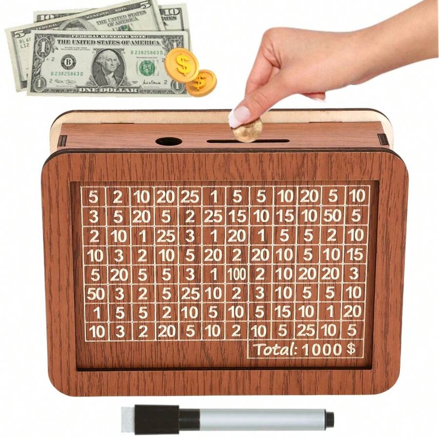 1 pieza Hucha decorativa, Caja de dinero de madera DIY, reutilizable y escribible. Adecuada para guardar monedas y billetes, mejor regalo para cumpleaños y graduación.