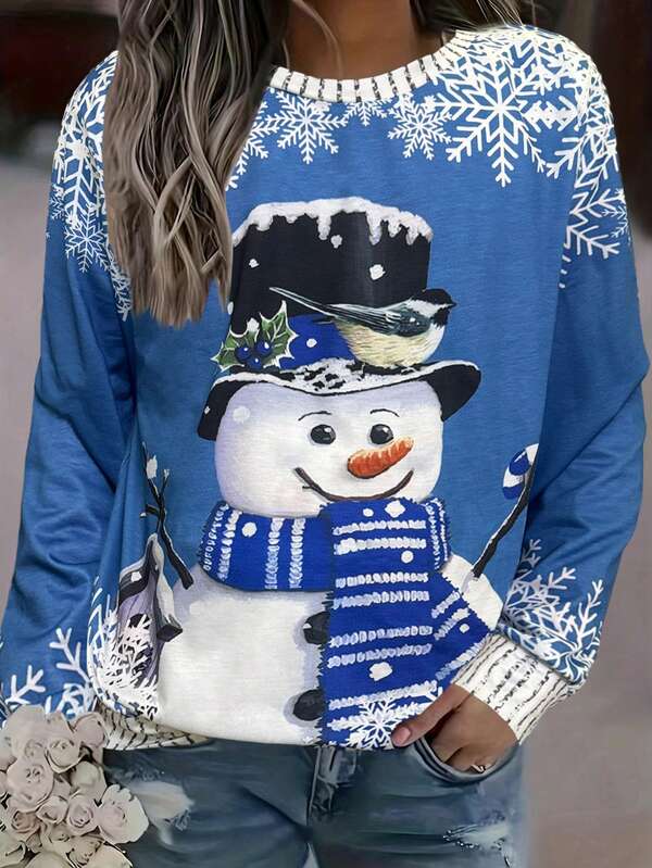 Christmas Novelty Snowman Print Long Sleeve Casual Loose Sweatshirt