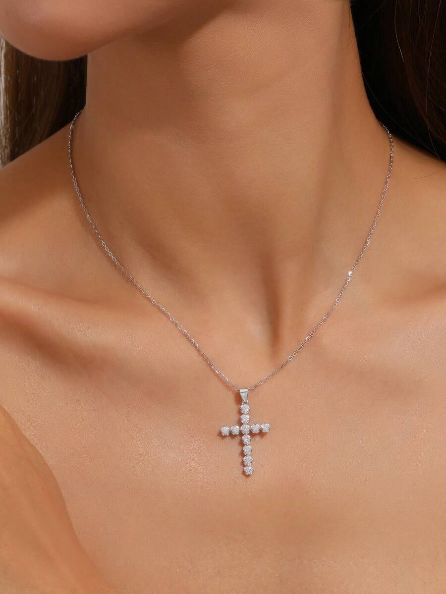1 件 S925 纯银 0.06 克拉莫桑石十字架项链，时尚个性化女士项链，适合日常佩戴、秋冬、节日装饰、礼物