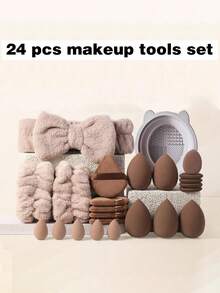 44件套化妆刷套装，包含：20支化妆刷、5个水滴形美妆蛋、5个三角粉扑、5个迷你水滴形美妆蛋、5个指套粉扑、1个发带、2个腕带、1个清洁工具。这套化妆刷套装包含各种面部化妆工具，刷毛柔软，适用于粉底刷、眼影刷、眉刷、唇刷等。快速上妆，适合初学者和专业化妆师，是送给女性的理想礼物。套装包含所有化妆刷，是完整的化妆工具套装。 - 彩色 - 查看 15