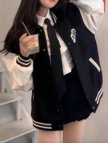 Estilo universitario chaqueta de las mujeres marea colisión color cazadora de béisbol suelta cien casual - Negro - Ver 4