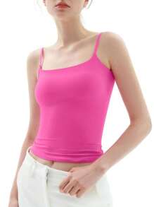 Huskary Women Sexy Square Neck Tank Top Summer Going Out Basic Cami Shirt - 玫紅色 - 查看 1