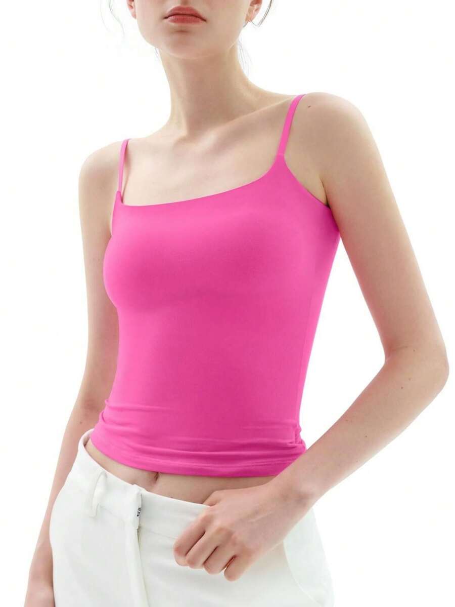 Huskary Women Sexy Square Neck Tank Top Summer Going Out Basic Cami Shirt - 玫紅色 - 查看 1