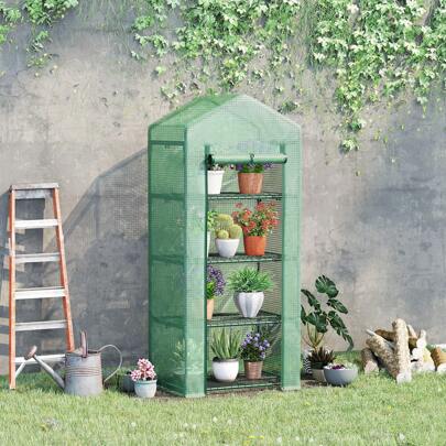  Outsunny 4 Tier Mini Greenhouse, Portable Compact Green House With Steel Frame, PE Cover, Roll-Up Door, 70 X 50 X 160 Cm