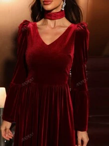 Vestido de fiesta de Año Nuevo para mujer, vestido formal elegante de longitud completa en terciopelo con cuello de tortuga, mangas abullonadas y mangas acampanadas