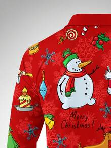 Men's Christmas Printing Front Button Closure Casual Polo Shirt With Long Sleeves - Red - View 5