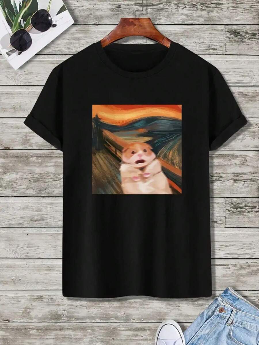 Unisex 100% Cotton T-Shirt Funny Hamster Cartoon Streetwear New Arrival Shipping Today Plus Size - 黑色 - 查看 1