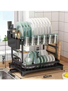 Escurridor de platos, 2 niveles de acero inoxidable, Escurridor de trastes grande y elegante para cocina, con soporte para tabla de cortar y cubiertos a prueba de oxido - Negro - Ver 7