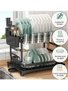 Escurridor de platos, 2 niveles de acero inoxidable, Escurridor de trastes grande y elegante para cocina, con soporte para tabla de cortar y cubiertos a prueba de oxido - Negro - Ver 3