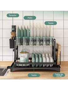 Escurridor de platos, 2 niveles de acero inoxidable, Escurridor de trastes grande y elegante para cocina, con soporte para tabla de cortar y cubiertos a prueba de oxido - Negro - Ver 2