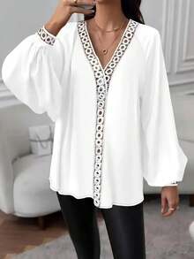 Plus Size Solid Color Bestselling Long Sleeve Ruffle Trim Shirt White Spring - White - View 3