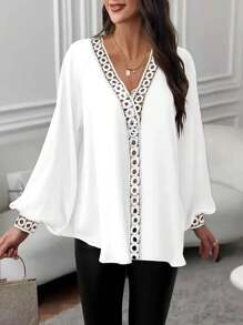 Plus Size Solid Color Bestselling Long Sleeve Ruffle Trim Shirt White Spring - White - View 1