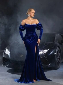 Faeriesty Rhinestone Detail Off Shoulder Split Mermaid Hem Velvet Evening Dress - Royal Blue - View 8