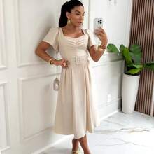 Christian Fashion Linen Midi Dress With Belt - 查看 2