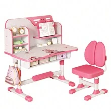 2Pcs/Set Premium Study Desk Chair Set, Height Adjustable  School Study Table Chair Set With Astronaut Pattern, Ergonomic Desk Chair With Large Writing Board, Bookshelf And Drawer (Pink, Blue)