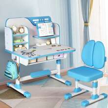 2Pcs/Set Premium Study Desk Chair Set, Height Adjustable  School Study Table Chair Set With Astronaut Pattern, Ergonomic Desk Chair With Large Writing Board, Bookshelf And Drawer (Pink, Blue)