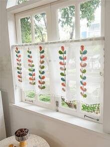 LOSPRING Cortina de lino con bordado de hojas de 4 colores y borlas de pompones blancos, cortina corta para ventana de cocina - Hojas de cuatro colores - Ver 2