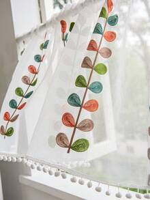 LOSPRING Cortina de lino con bordado de hojas de 4 colores y borlas de pompones blancos, cortina corta para ventana de cocina - Hojas de cuatro colores - Ver 5