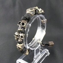 哥特式骷髅手链，男女通用 - 可调节伞绳生存手链，带骷髅扣，朋克摇滚骑行者珠宝，户外战术腕带，适合男女佩戴，万圣节哥特式配饰