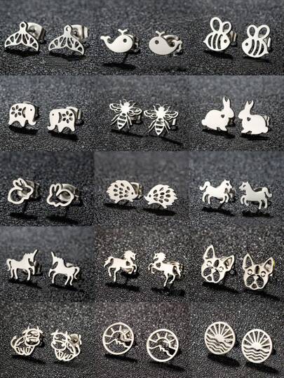 迷你不锈钢可爱动物豪猪兔猫耳环，时尚跨境小马海豚蜜蜂耳环，适合男女日常佩戴