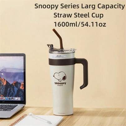 Miniso Anime Cartoon Snoopy Series Big Mac Straw Steel Cup 1600mL/54.11oz Portable Large Capacity Water Bottle Snoopy Thermos Cup Tumbler