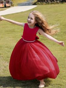 Robe tulle rouge de demoiselle d'honneur pour fille préadolescente, design dos nu et grand nœud, pour Noël/mariage