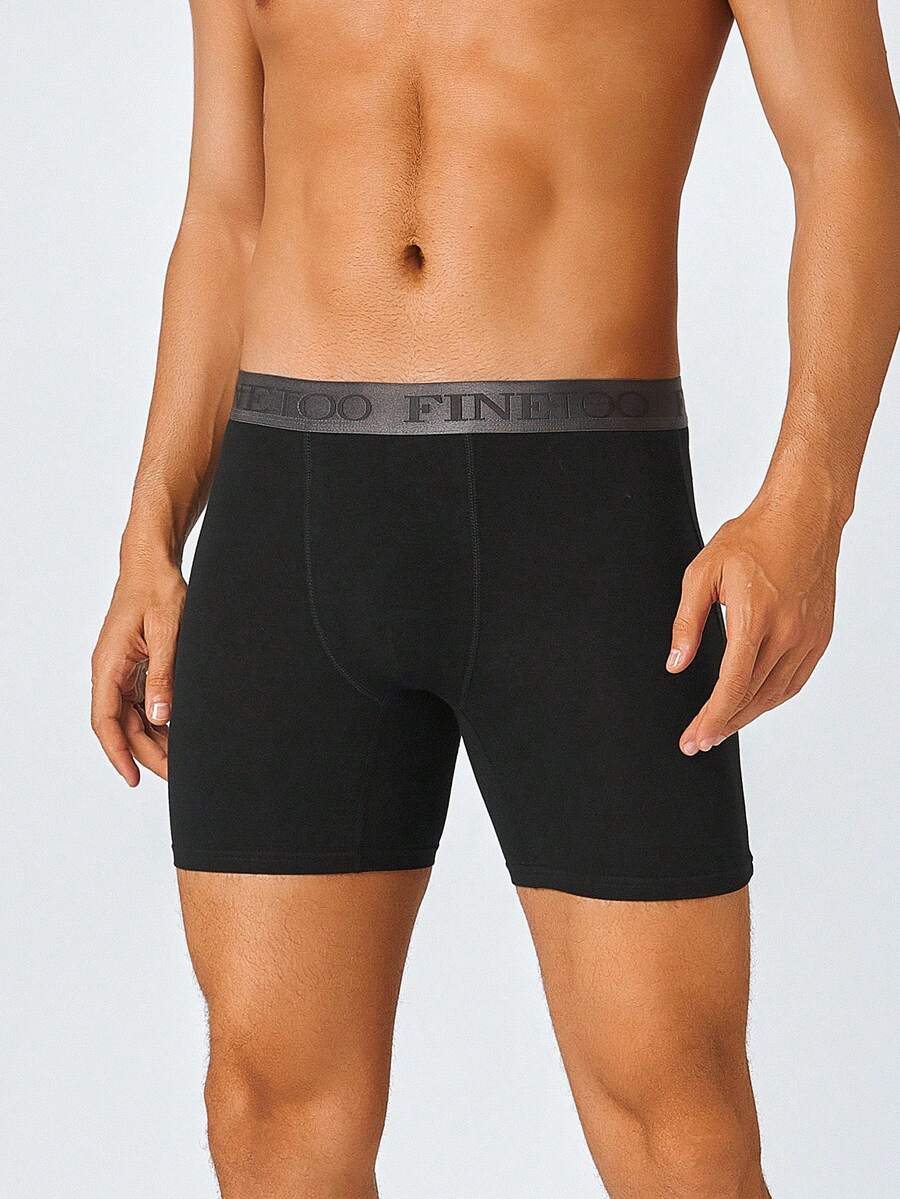FINETOO 1 件装 男士 字母带 纯色 长款平角内裤 - 黑色 - 查看 1