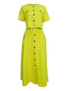 2pcs/Set Casual Round Neck Short Sleeve Buttoned Crop Top And Single Breasted Pocket A-Line Skirt Outfit Summer - Màu vàng - Xem 3