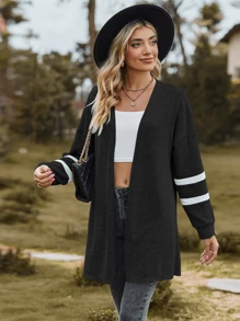 1 件黑色休闲纯色针织运动衫女士运动衫，宽松版型，长袖，时尚套头衫，适合运动装和家居服，秋冬季