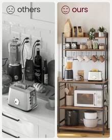 VASAGLE Kitchen Storage Rack With Power Outlet, Coffee Bar, Baker's Rack, With Metal Wire Panel, 14 Hooks, For Microwave, Steel Frame, 40 X 80 X 170 Cm, Rustic Brown And Ink Black