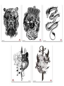 5 件/套大尺寸人体艺术临时纹身贴纸，男女皆宜，黑色深色风格猎人狮子皇冠龙狼几何骷髅图案，防水假纹身，持续 2-5 天，遮盖疤痕，可用于手臂手腕肩膀腿腰颈手胸部大腿手指脚踝，适用于派对、礼物、度假、身体装饰 - 黑色 - 查看 5