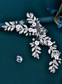 手工制作软粘土花朵新娘头饰，水钻镶嵌合金叶花设计发梳 HP368-S - 銀色 - 查看 8