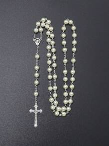1pc White Glass Beaded Handmade Necklace With Pearl, Virgin Mary & Jesus Cross Pendant Decoration