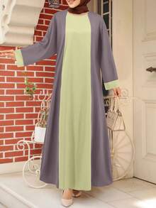 斋月春夏新款阿拉伯女式宽松优雅撞色圆领长袍连衣裙 - 香檳色 - 查看 2