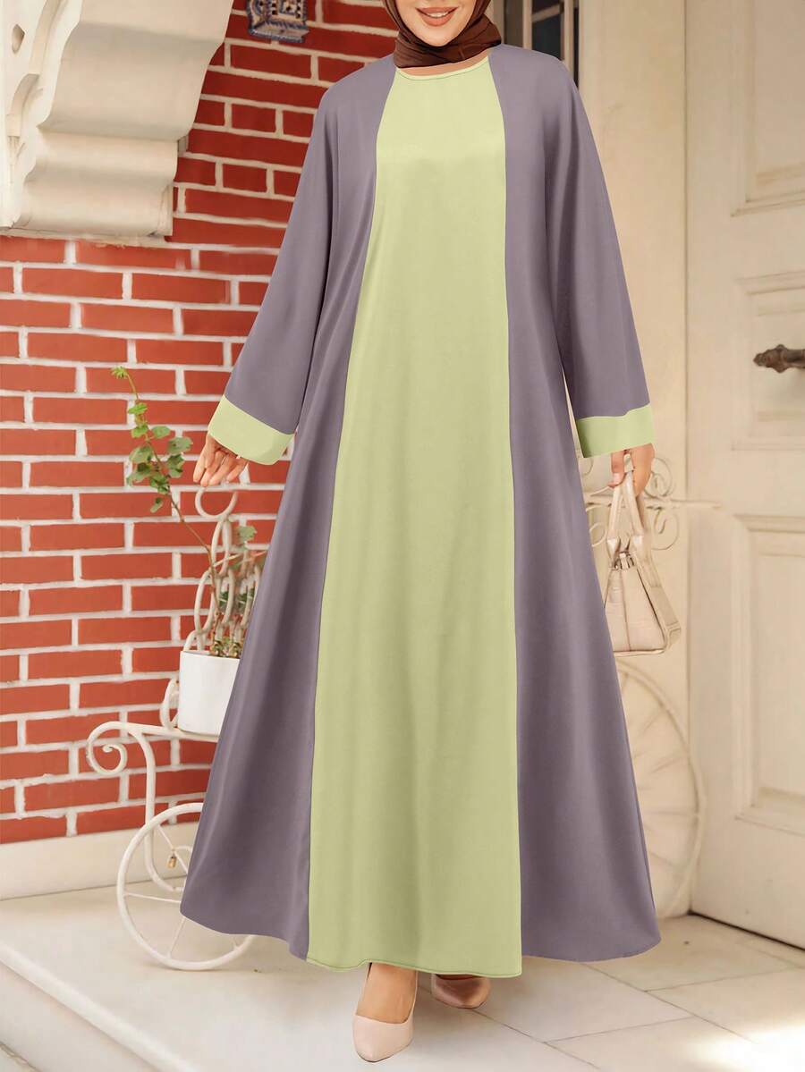 斋月春夏新款阿拉伯女式宽松优雅撞色圆领长袍连衣裙 - 香檳色 - 查看 1