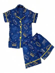 Kit 2 Children's Pajamas For American Boys Toddler Baby Blouse And Shorts With Buttons Summer Short With Collar Various Prints Comfortable Mesh For Sleeping Sizes 2 To 10 - Navy Blue - View 3