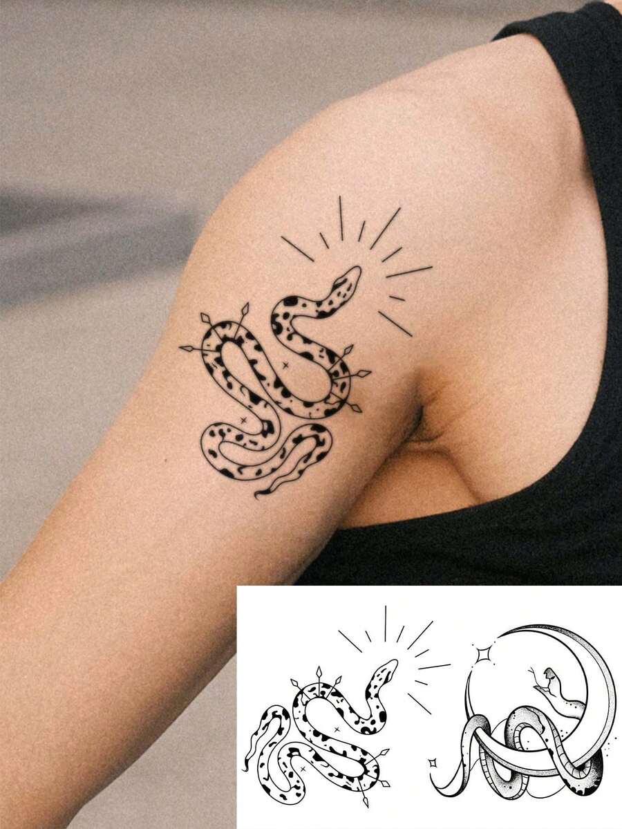 1 miếng dán hình xăm tạm thời hình rắn mũi tên đen & mặt trăng, miếng dán hình xăm nghệ thuật giả trên cơ thể không thấm nước, phù hợp với những người thời trang - màu đen - Xem 1