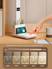 LED Desk Clock, Pen Holder, Folding Reading Lamp, Eye-Care, Rechargeable USB Lamp, Gift For Student Dormitory - White - View 7