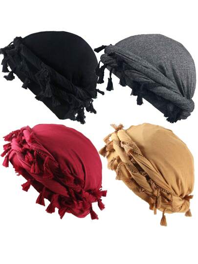 4 Stücke Vintage Quasten verdrehter Stirnband, satinierter Kopftuch, Herren und Damen gefranstes Kopftuch Hut, Herren Hip-Hop personalisierter Pullover Hut, hochwertig satinierter verdrehter Schwanz Hut, neutraler gewebter Stirnband, Halloween Kopftuch