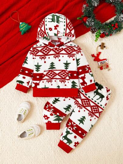 2pcs Baby Boys Cozy Round Neck Christmas Tree Print Long Sleeve Top And Casual Fleece Pants Set, Winter