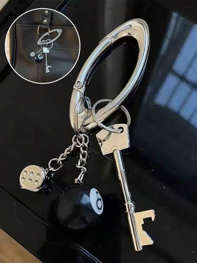 1件/套黑色8号球主题包包挂饰，男女通用儿童包包装饰吊坠，锌合金登山扣钥匙扣套装，时尚配饰 - 椭圆形夹子 - 骰子吊坠，开瓶器吊坠，可定制街头风配饰组合，个性化包包装饰，女士礼物，返校礼物，生日礼物，日常使用，朋友节日礼物