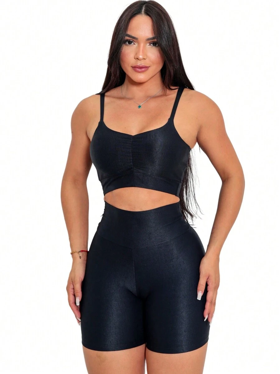 Cropped Set With Padded Bra And High Waist Shorts Fitness Sport Casual Women's Gym - 黑色 - 查看 1